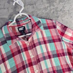 Lands' End Flannel Shirt Plaid Button Down Long Sleeve Pink Blue‎ XL